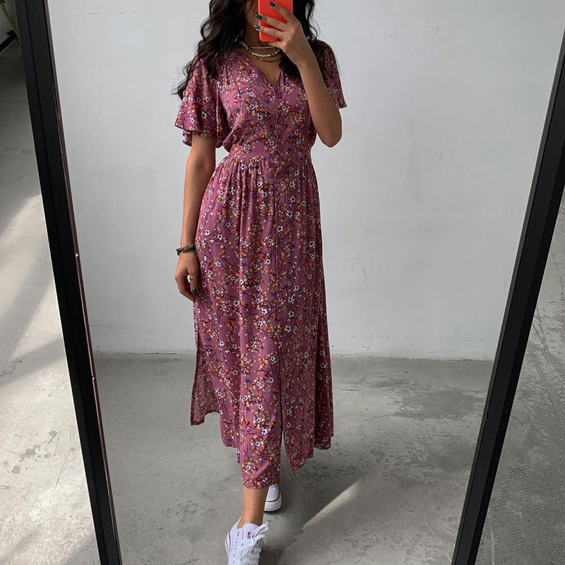 jinran Summer Floral Split Dresses Women Sexy V Neck Beam Waist Single-breasted Long Dress Female Elegant Loose Pink Dress