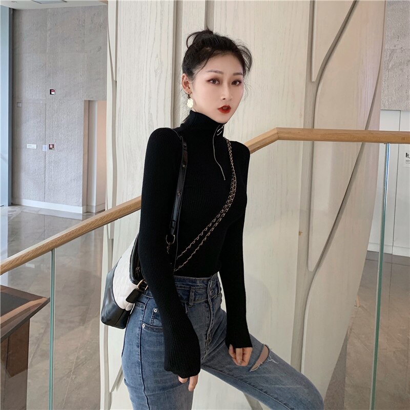 jinran New Fashion Woman Sweaters Women's Outer Wear Black Turtleneck Sweater Autumn Winter Zipper Pullover Slim Fit Sweater Tops