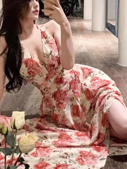 jinran Summer Sexy Beach Style Party Dress Women Korean Casual One Piece Sleeveless Floral Long Dress Lady V-neck Outwear