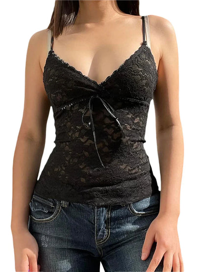 jinran -Black See Through Lace Cami Crop Tops Women Summer Y2K Clothes Sleeveless V Neck Sexy Tanks Camis Aesthetic 2000s Gothic Tees