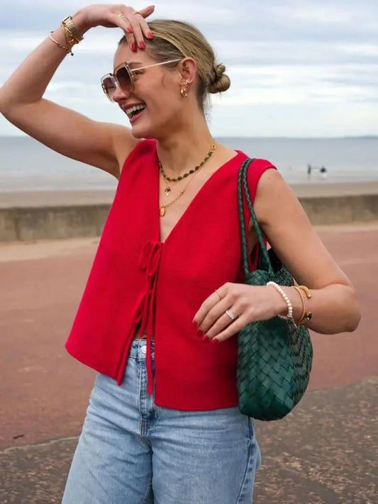 jinran Women Casual Loose Striped Lace-up Sweater Vest 2024 New Summer V-neck White Knit Vest Female Elegant Sleeveless Knit Cardigan