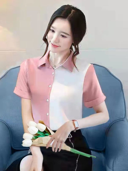 jinran Korean Fashion Hit Color Patchwork Loose Blouse Elegant Chiffon Tops Office Lady Spring Summer Chic Button Up Shirts Tunics