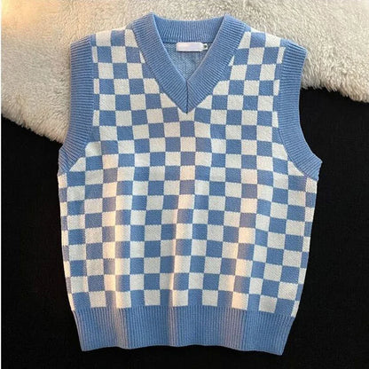 Black White Checkerboard Plaid Print Vest Sweater Autumn Winter V Neck Men Preppy Style Harajuku Fashion Casual Oversize Knitted