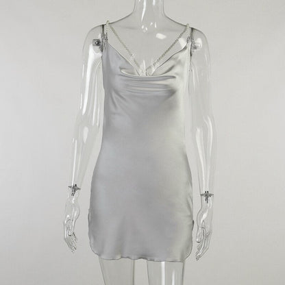 jinran Silk Strap Mini Dresses Backless Solid Color Criss Front Pearl Sexy Summer Sexy Party Sleeveless Dresses Clubwear 2021