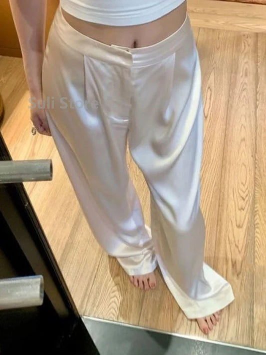 jinran White Acetate Satin Wide-Leg Pants Women's Summer Drooping Straight Graceful Casual Pants Slimming Suit Pants Mop Fashion