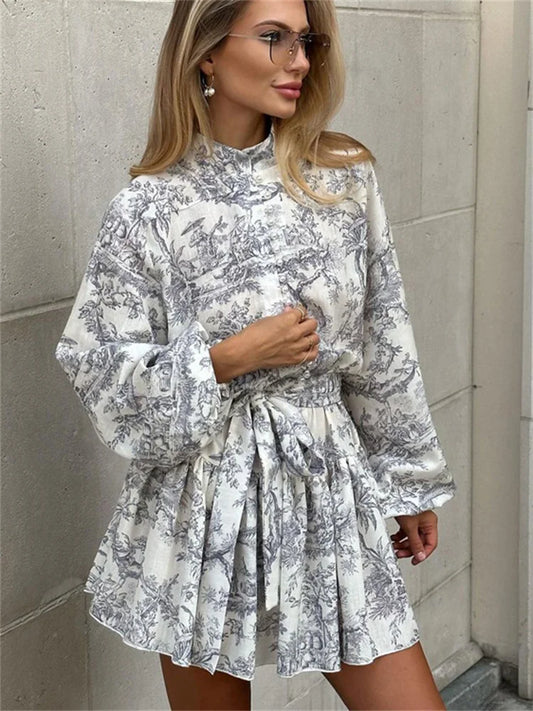 jinran Vintage Printed Lace-Up Mini Dress For Women Fashion Ruffled Pleated Dress Bandage Long Sleeve High Street Women's Dress