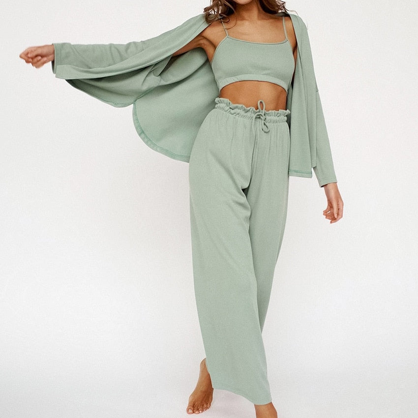 jinran Knitted Women's Nightwear 3 Piece Sets Casual Long Sleeve Pajamas Female Spaghetti Strap Crop Top Summer Trouser Suits