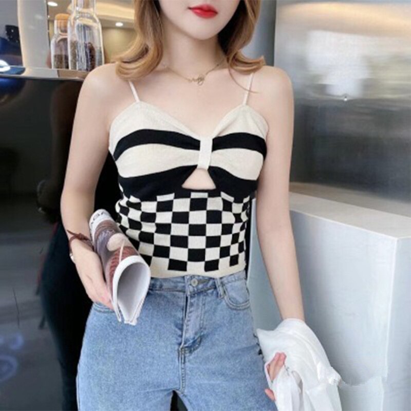 jinran Checkerboard Crop Top Women Sexy Hollowed Knitting Tank Top Bowknot Soft Comfortable Breathable Camisole 2022 New