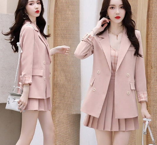 jinran Women Korean Blazers 3 Pcs Set Spring Autumn Office Lady Elegant Pink Suit Coat+Plaid Sling Vest+Pleated Skirts Outfits 2022 New