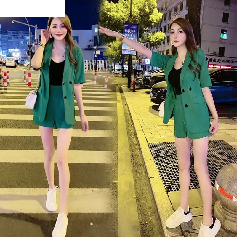 jinran Korean Popular Summer New Elegant Women's Shorts Suit Casual Short Sleeve Jacket Shorts Two Piece Set Female Tracksuit Coat