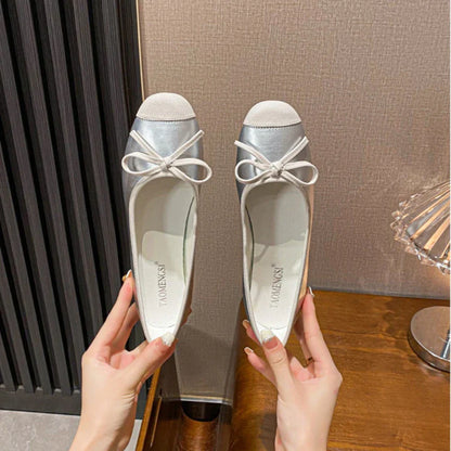 nvxiot  -  French Sheepskin Square Head Single Shoes Women Soft Bottom Ballet Shallow Mouth Bow Flat Plus Size 34-43 Casual Lolita Shoes