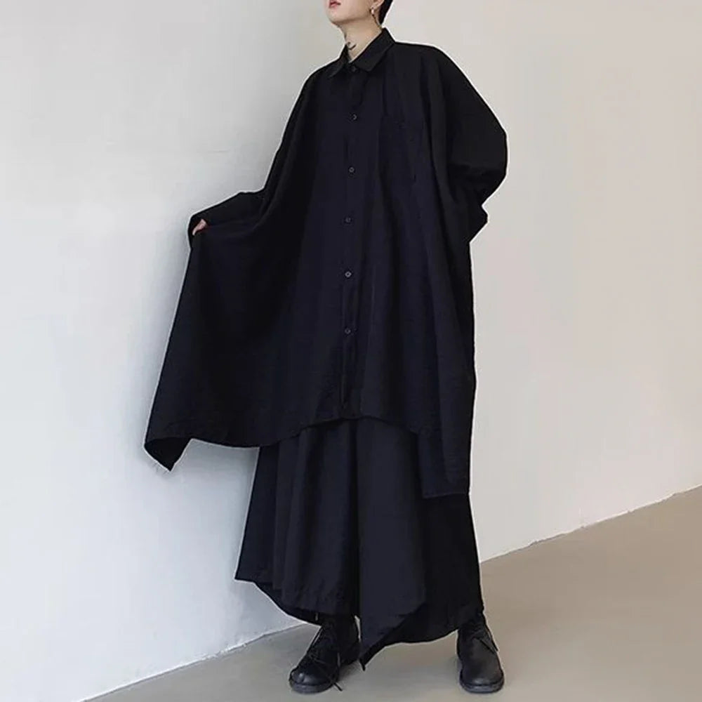 Mens Harajuku Irregular Shirt 2024 Spring New Fashion Goth Handsome Loose Oversized Lapel Fashion Long Sleeve Cloak Unisex