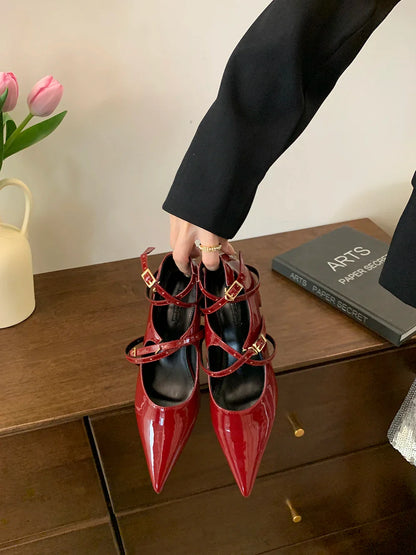 jinran Pointed Toe Women Sandals 2024 New Arrivals Patent Leather Cross Strap Mid Heels Summer Sandals Shoes Woman Red Sandals Size 39