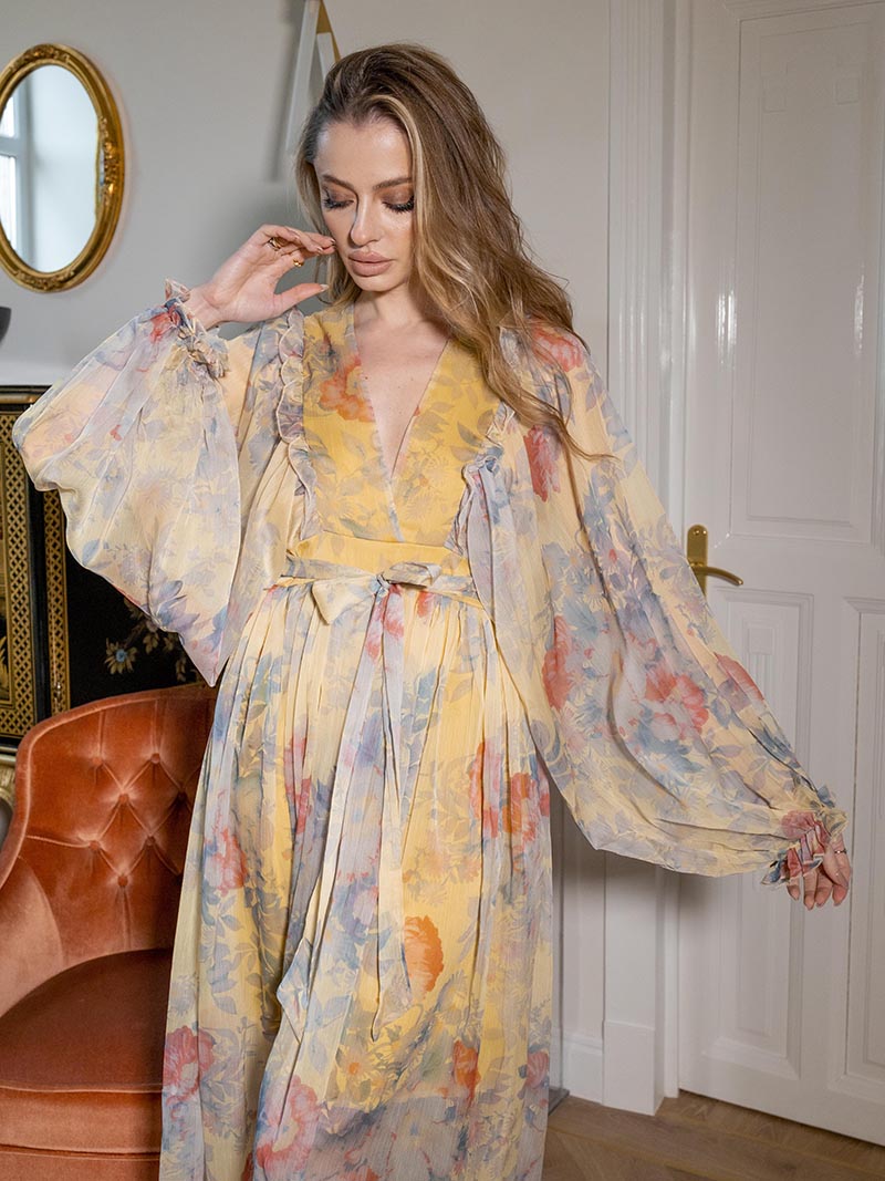 jinran Chiffon Women Long Dresses Floral Long Sleeve Pleated Boho Beach Dress Sexy Wrap Maxi Dresses For Women Summer 2023