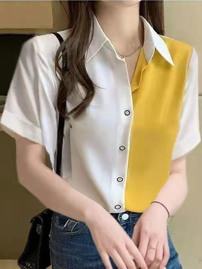 jinran Korean Fashion Hit Color Patchwork Loose Blouse Elegant Chiffon Tops Office Lady Spring Summer Chic Button Up Shirts Tunics