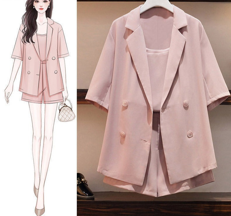 jinran M-6XL Women's 2022 Summer 3 Pcs Shorts Set Office Lady Graceful Pink Short Sleeve Suit Coat+Pants+Vest Sets New Clothing Female