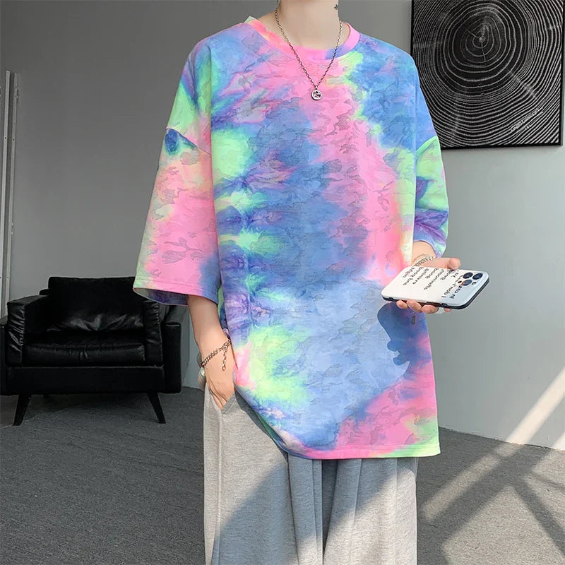 Y2k Tie-Dye T-shirt For Men Korean Streetwear 2024 Summer Short Sleeve Tee Tops O-neck Tshirts Oversized T-Shirt Couple Tees