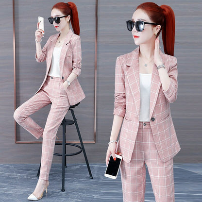 jinran Summer New Korean Fashion Elegant Women's Pants Suit Thousand Bird Lattice Slim Fit Jacket White Vest Trousers Three Piece Set