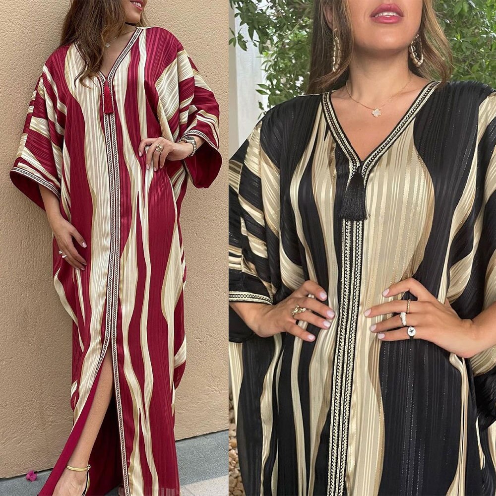 jinran Ramadan Eid Dubai Abaya Spring Autumn Striped Bat Sleeve Muslim Dress Fashion Arab Robe Tassel New Women's Wear Plus Size Skirt