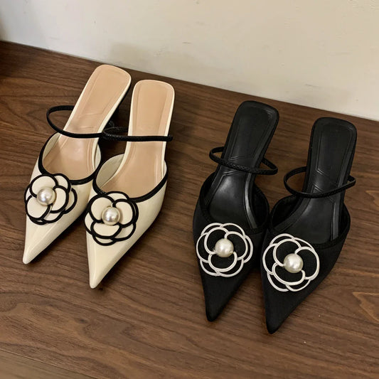 jinran Flower Pointed Toe High Heels Women Luxury Designer Sandals Female Summer Elegant Fashion Pumps Woman Flower Mule Slippers Women