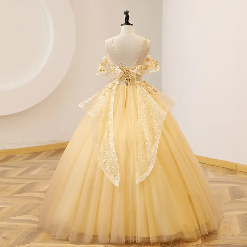 jinran The new colored yarn yellow evening dress sweet gorgeous costume elegant pompous skirt