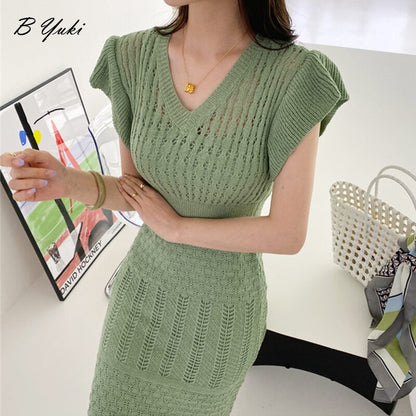 jinran 2022 Elegant Slim Knit Long Dress Women Summer Korean Simple Solid Sexy Hollow Out Deresses Female 2 Piece Set Derss