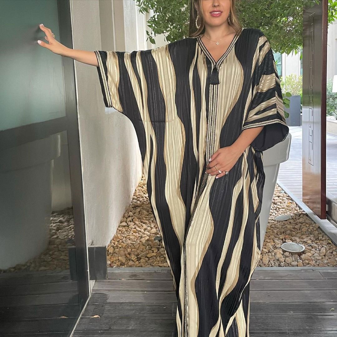 jinran Ramadan Eid Dubai Abaya Spring Autumn Striped Bat Sleeve Muslim Dress Fashion Arab Robe Tassel New Women's Wear Plus Size Skirt