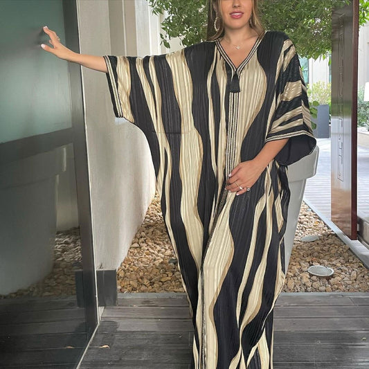 jinran Ramadan Eid Dubai Abaya Spring Autumn Striped Bat Sleeve Muslim Dress Fashion Arab Robe Tassel New Women's Wear Plus Size Skirt