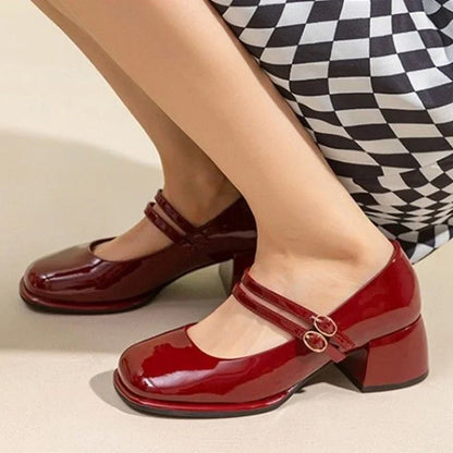 jinran Wine Red Elegant Women Mary Janes Shoes Square Toe Autumn Mid Heels Glass Pumps Zapatos 2024 New Fashion Style Party Mujer Botas