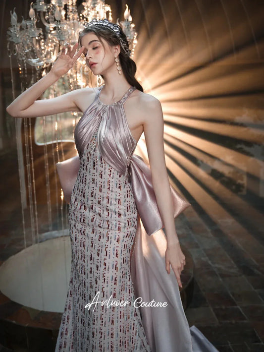 jinran Vintage Mermaid Evening Dress Halter Bow Trailing Backless Satin Luxury Beading Crystal Sequins Sexy Bride Women Party Prom Gown