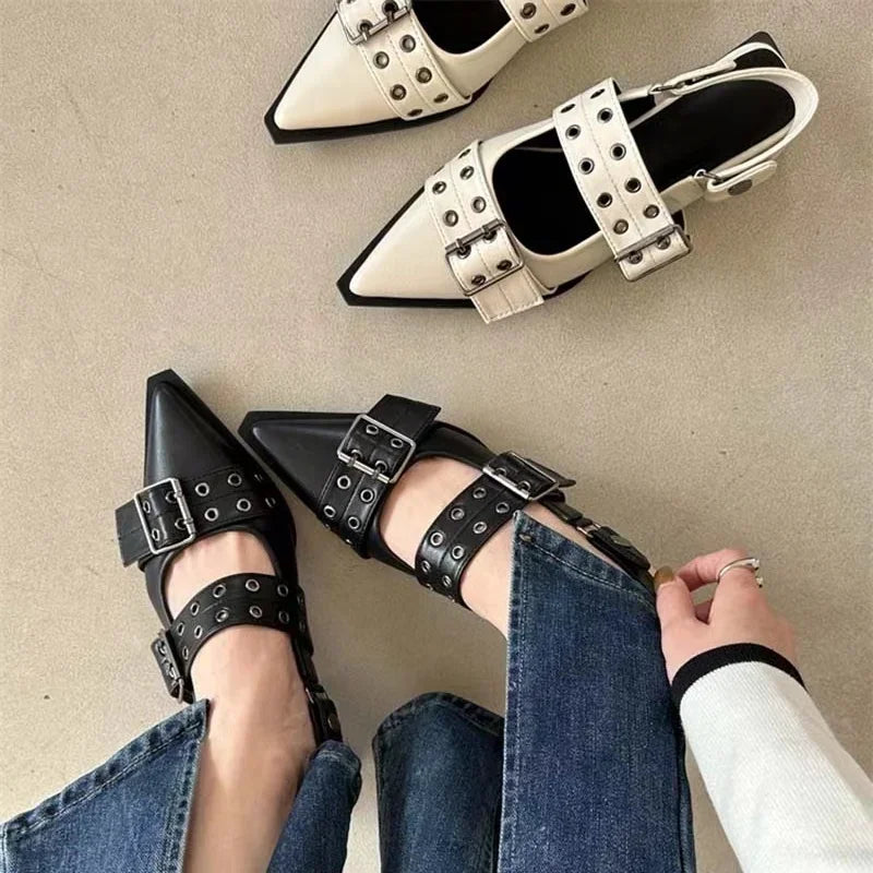 jinran Slingback Shoes Gothic Chunky Heels Women's Pumps Rivet Street Style Medium Heel Punk Vintage Casual Sandals Spring Summer 2024