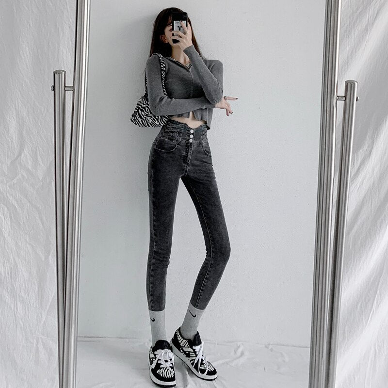 jinran Stretch Jeans Women 2022 Push Up Sexy Retro High Waist Skinny Mom Pants Korean Fashion Denim Trousers Femme Spring New