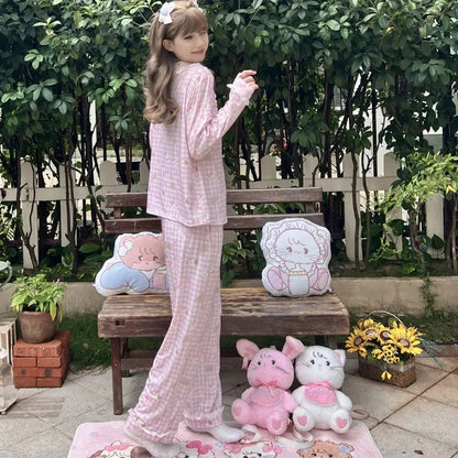 Korean Lace Pajamas Women Spring Sleepwear Lace Plaid Pyjamas Cute Cartoon Long Sleeve Nightdress Loose Comfortable Home Wear