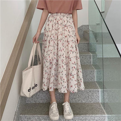 jinran Summer New Floral Print A Line Pleated Women Long Skirts 2022 Korean Fashion Elastic Waist Sweet Retro Midi Skirt Streetwear