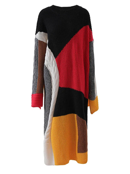 jinran Women Black Color-block Big Size Long Sweater Dress New Round Neck Long Sleeve Fashion Tide Spring Autumn 2024 CPDB101