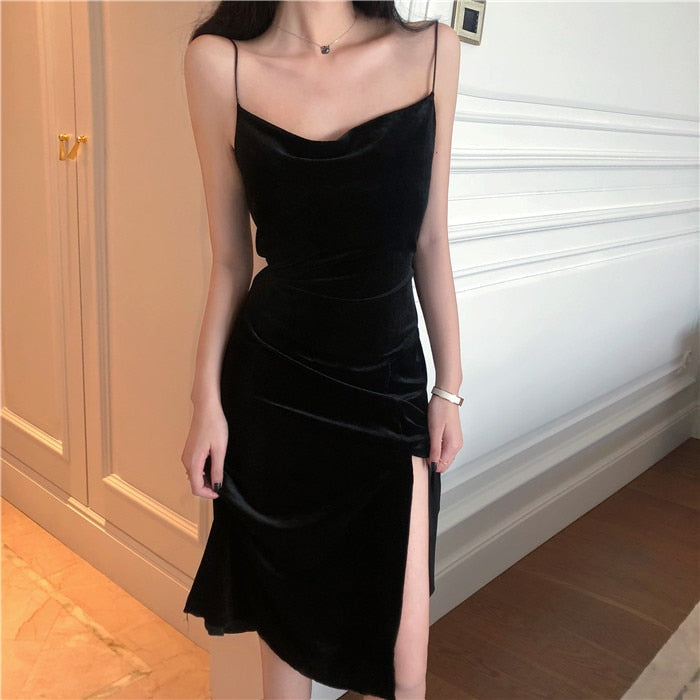 jinran New Vintage Women Dress Spaghetti Strap Slit Velvet Black Dress Sexy Bodycon Bandage Dress Midi Party Dress Verano Vestidos