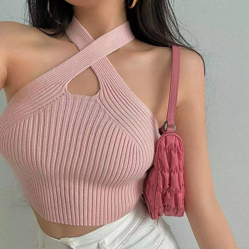 jinran Fashion Women Cross Halter Tops Female Off Shoulder Crop Tops Knitted Strappy Sexy Tank Tops Tops For Women 2022 Summer