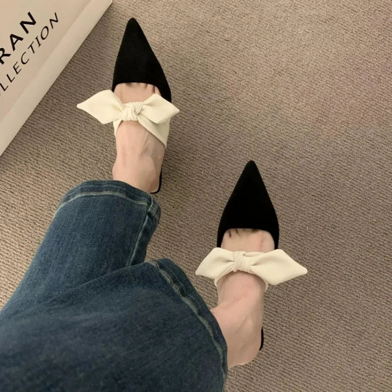 jinran Fashion Pointed-toe Ladies Mules 2024 New Elegant Bow High-heeled Slippers Women Sexy Stiletto Dress Shoes Pantuflas De Mujer