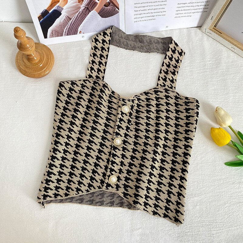 jinran Houndstooth V Neck Halter Top Crop Top Women Sexy Backless Camisole Knitting Soft Comfortable Vest Women 2022 New