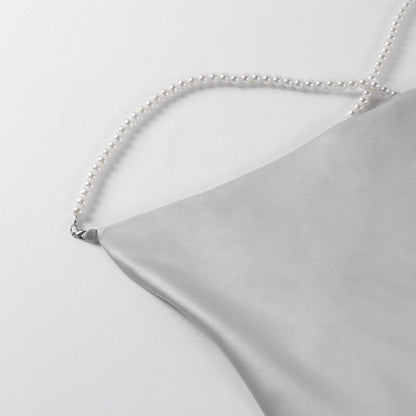 jinran Silk Strap Mini Dresses Backless Solid Color Criss Front Pearl Sexy Summer Sexy Party Sleeveless Dresses Clubwear 2021