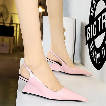 jinran 2024 Women 6.5cm High Heels Pumps Lady Pointed Toe Wedges Strange Middle Low Heels White Nude Pink Mules Patent Leather Shoes