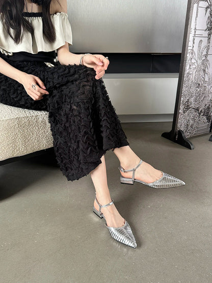 jinran Pointed Toe Women Sandals 2024 New Arrivals Ankle Strap Black Silver Summer Flat Low Heeled Rhinestone Party Sandals Size 35-39