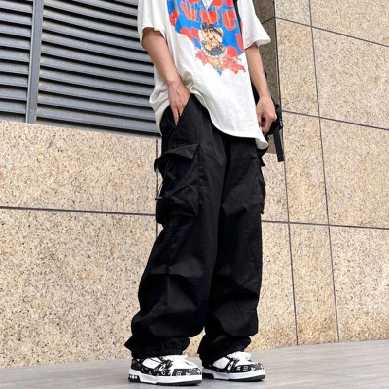 Elastic Waist Big Pocket Cargo Pants Men Streetwear Spring Autumn Wide Leg Joggers Solid Color Oversize Baggy Pants Women