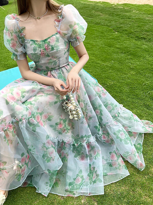 jinran Vintage Floral Evening Midi Maxi Dresses for Women Elegant Casual Party Prom Green Holiday Princess Fairy Long Dress Summer 2024