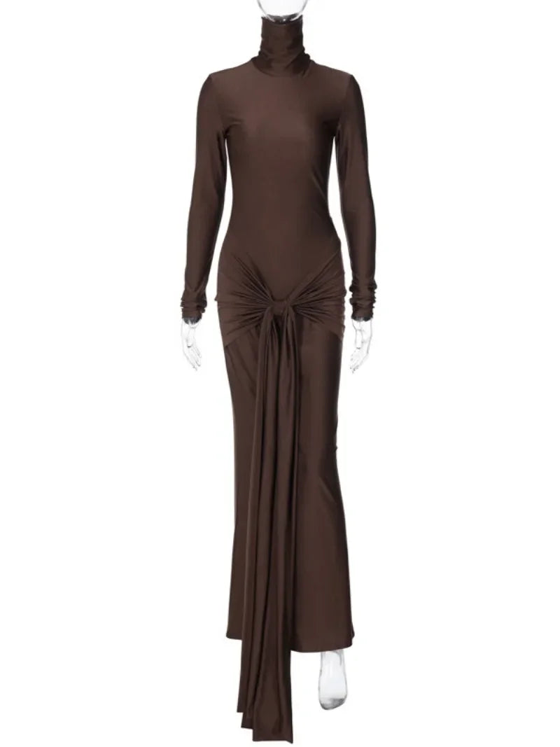 jinran Woman Clothing Turtleneck Low Waist Bandage Bodycon Holiday Dress Streetwear Autumn Winter Solid Slim Party Club Long Dresses
