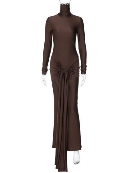 jinran Woman Clothing Turtleneck Low Waist Bandage Bodycon Holiday Dress Streetwear Autumn Winter Solid Slim Party Club Long Dresses