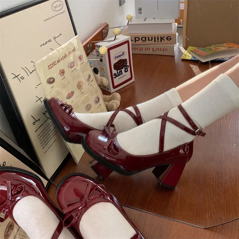 jinran Red Mary Jane Women Pumps Thick High Heels Shoes Female Lolita Square Toe Shoes Spring Fashion Party Leather Woman Shoes New