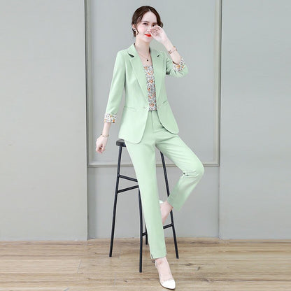 jinran 2022 Summer New Korean Fashion Elegant Women's Pants Suit Printed Vest Flannel Jacket Casual Trousers Three Piece Set Blazer