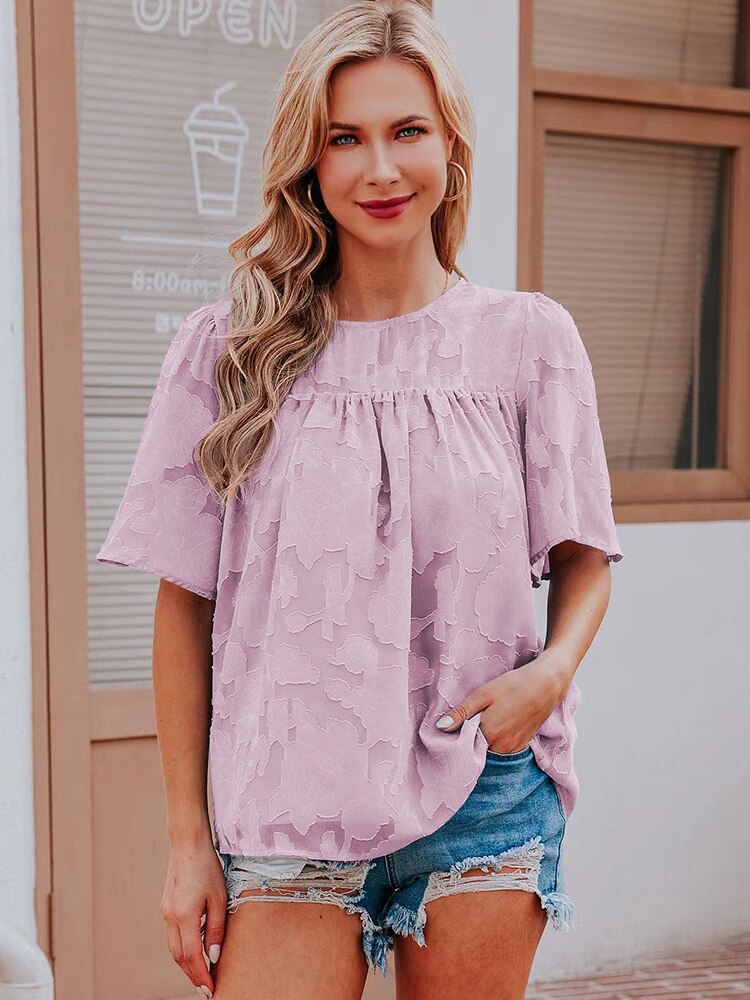 jinran Women Summer Short Sleeve Lace Jacquard Loose Blouse Elegant Solid Sweet Kawaii Shirts Korean Fashion Hollow Out Chiffon Tops