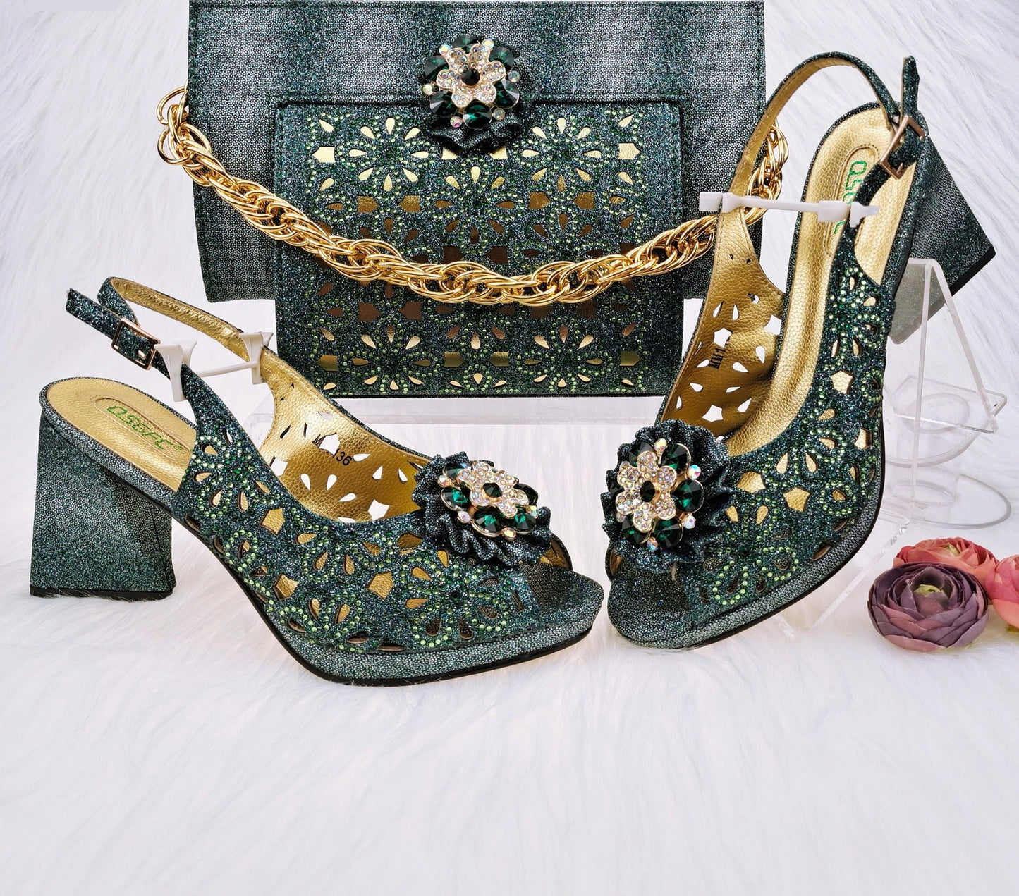 jinran Newest Gold Color Cutout High Heels Decorated with Rhinestone Flower Design Party Women's Shoes and Bags Set